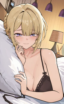 1girl absurdres bare_shoulders bed bedroom black_bra blonde_hair blush bra breasts closed_mouth collarbone commentary desk_lamp dutch_angle english_commentary evelyn_chevalier hand_up highres indoors lamp large_breasts looking_at_viewer lying md5_mismatch mile on_bed on_side pillow pov_across_bed purple_eyes ryeon_(naturesan) short_hair solo under_covers underwear zenless_zone_zero