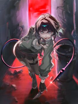 1girl animal_ears blood blood_on_face blood_on_hands blunt_bangs blurry blurry_background boots fighting_stance fingerless_gloves fur-trimmed_jacket fur_trim glaring glint gloves glowing glowing_eyes green_eyes hand_up highres holding holding_weapon jacket jane_doe_(zenless_zone_zero) leaning_to_the_side long_sleeves looking_at_viewer mouse_ears mouse_girl mouse_tail pantyhose procreate_(medium) red_lips red_nails seawave02974 shorts single_thighhigh solo standing tail thick_thighs thighhighs thighs tongue tongue_out torn_clothes torn_pantyhose weapon zenless_zone_zero