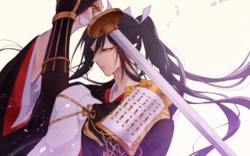 Rule 34 | 1boy, armor, black hair, black kimono, commentary request, eyeliner, falling petals, floating hair, hair ribbon, highres, holding, holding sword, holding weapon, japanese armor, japanese clothes, katana, kimono, kote, kurokote, long hair, long sleeves, makeup, male focus, masami (souzou jinsei sanka), parted lips, petals, pink petals, ponytail, red eyeliner, ribbon, shoulder armor, simple background, single vambrace, solo, sword, tarou tachi, touken ranbu, vambraces, weapon, white background, white ribbon, wide sleeves, yellow eyes