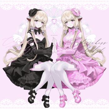 2000s_(style) 2girls absurdres android bell_sleeves black_bow black_bowtie black_dress black_hairband black_shoes black_thighhighs blonde_hair blush bow bowtie brown_eyes chianti-rutte chii chobits closed_mouth detached_sleeves dress freya_(chobits) frilled_sleeves frills full_body gothic_lolita hair_between_eyes hair_ornament hair_spread_out hairband hashtag-only_commentary highres holding_hands lolita_fashion long_hair looking_ahead low-tied_sidelocks multiple_girls no_nose persocom_(chobits) pink_bow pink_bowtie pink_dress pink_hairband pink_shoes polar_opposites robot_ears robot_girl shoes sidelocks signature sitting sweet_lolita thighhighs twitter_username very_long_hair white_thighhighs