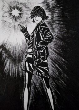 1girl absurdres afrika_korps black_jacket bordfunker133 clothing_request cross explosion goggles goggles_on_head greyscale hand_on_own_hip hans-joachim_marseille hat highres index_finger_raised iron_cross jacket kneepits looking_back luftwaffe marseille-chan_(bordfunker133) military_uniform monochrome nazi one_eye_closed open_clothes open_jacket original real_life shirt shorts smile smirk soldier solo world_war_ii