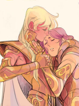 2boys ameliecausse androgynous aries_muu armor bindi blonde_hair cape closed_eyes facial_mark forehead_mark gold_armor gold_cloth gold_saint hand_on_another's_chest hand_on_another's_hand highres hikimayu long_hair male_focus multiple_boys parted_lips purple_hair saint_seiya u_u virgo_shaka white_cape yaoi