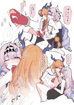 2girls black_dress black_shorts blue_horns blush braid braided_sidelocks breasts censored closed_eyes closed_mouth commentary_request denia_(wuthering_waves) dress erection futa_with_female futanari gloves hair_ornament hand_up handjob highres horns jouhou long_hair medium_breasts multiple_girls one_eye_closed orange_hair penis pink_hair pointy_ears purple_eyes red_gloves scribble_censor sex shorts sidelocks sigrika_(wuthering_waves) translation_request wuthering_waves