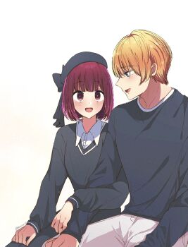 1boy 1girl arima_kana beret black_hat black_shirt blonde_hair blue_eyes blush hat highres hoshino_aquamarine long_sleeves open_mouth oshi_no_ko pants red_eyes red_hair risdelusions shirt short_hair white_background white_pants