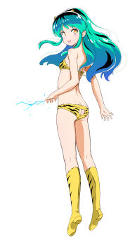 absurdres alternate_breast_size_(smaller) animal_print ass ass_cutout bikini boots breasts butt_crack clothing_cutout commentary_request from_side full_body green_hair highres knee_boots kuuchuu_yousai looking_at_viewer lum open_mouth orange_eyes small_breasts smile strapless strapless_bikini swimsuit tiger_print urusei_yatsura yellow_bikini yellow_boots