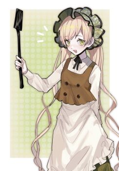 1girl apron black_ribbon blonde_hair border brown_shirt chinese_commentary collared_shirt commentary_request cowboy_shot frilled_apron frills green_background green_eyes highres holding holding_spatula long_hair long_sleeves looking_at_viewer mahou_shoujo_no_majo_saiban neck_ribbon official_alternate_costume open_mouth outside_border ribbon shirt smile solo spatula standing tono_hanna treasure_cafe twintails white_apron white_border white_shirt xiaozhao_aki