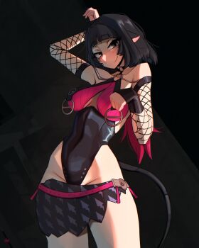 1girl alternate_costume artist_name black_background black_hair black_one-piece_swimsuit breasts choker cleavage cleavage_cutout clothing_cutout cowboy_shot fishnet_sleeves fishnets grey_eyes highres jane_doe_(nocturne_of_light)_(zenless_zone_zero) jane_doe_(zenless_zone_zero) large_breasts long_hair looking_at_viewer microskirt mouse_girl mouse_tail multicolored_hair o-ring o-ring_choker o-ring_swimsuit official_alternate_costume one-piece_swimsuit pointy_ears red_hair red_one-piece_swimsuit shibansfw skirt smile swimsuit tail two-tone_hair two-tone_one-piece_swimsuit zenless_zone_zero