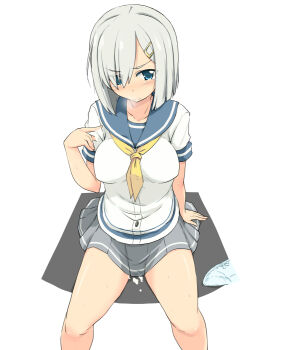 1girl blue_eyes blue_panties blue_sky blush bow bow_panties breasts breath collarbone commentary_request covered_erect_nipples cum cum_on_body cum_on_hands cum_on_legs dress_shirt feet_out_of_frame grey_hair grey_skirt hair_ornament hair_over_one_eye hairclip hamakaze_(kancolle) kantai_collection kugui_kiyunemu medium_breasts medium_hair miniskirt neckerchief panties parted_bangs pleated_skirt shirt short_sleeves simple_background sitting skirt sky solo spread_legs tearing_up thighs underwear unworn_panties white_background white_shirt yellow_neckerchief