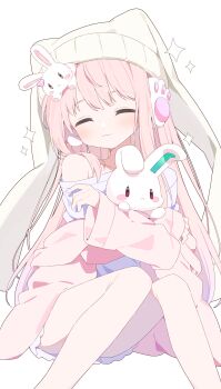 Rule 34 | 1girl, :3, absurdres, animal hat, beanie, blush, borrowed character, closed eyes, commentary request, commission, facing viewer, feet out of frame, hat, highres, holding, holding stuffed toy, indie virtual youtuber, long hair, long sleeves, pink hair, pink sweater, rabbit hat, shirt, simple background, single bare shoulder, sitting, skeb commission, smile, solo, stuffed animal, stuffed rabbit, stuffed toy, sweater, urotsuki (ku9625), virtual youtuber, white background, white hat, white shirt