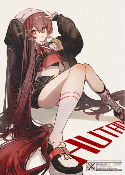 1girl beanie black_gloves black_skirt brown_hair brown_jacket character_name commentary_request flower-shaped_pupils foot_out_of_frame genshin_impact gloves hair_between_eyes hat highres hu_tao_(galaxy_store)_(genshin_impact) hu_tao_(genshin_impact) jacket jewelry long_hair looking_at_viewer midriff multiple_rings nakaba_(mode) official_alternate_costume open_clothes open_jacket open_mouth red_eyes red_shirt ring shirt shoes skirt socks solo symbol-shaped_pupils twintails v very_long_hair white_hat white_socks