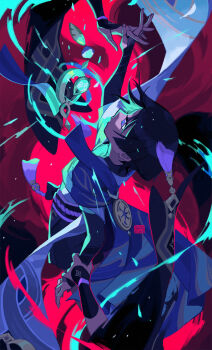 Rule 34 | 2boys, abstract background, artist name, blue eyes, blue pupils, bridal gauntlets, commentary, dual persona, evercelle, falling, floating, from side, genshin impact, glowing, highres, holding another's wrist, holding hands, japanese clothes, layered clothes, leaning back, looking up, multicolored eyes, multiple boys, portal (object), purple eyes, scaramouche (genshin impact), solo, upper body, vision (genshin impact), wanderer (genshin impact), wind