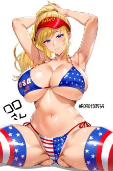 1girl adjusting_hair american_flag american_flag_bikini american_flag_print armpits arms_up bikini blonde_hair blue_eyes breasts cleavage commentary_request flag_print flag_print_bikini grin groin halterneck high_ponytail hozumi_kenji huge_breasts large_breasts long_hair navel original ponytail print_bikini side-tie_bikini_bottom sitting smile spread_legs swimsuit thighhighs underboob visor_cap