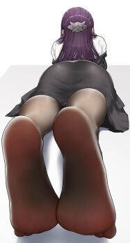 Rule 34 | 1girl, ass, chinese commentary, commentary request, dress, facing away, feet, fern (sousou no frieren), foot focus, from behind, full body, hair ornament, long hair, lying, on stomach, pantyhose, purple hair, simple background, soles, solo, sousou no frieren, very long hair, wd (1106592840), white background