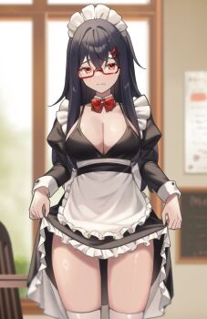 1girl apron black_dress black_hair blurry blurry_background breasts character_request cleavage clothes_lift copyright_request cowboy_shot dress dress_lift glasses i.ryuu_z indoors long_hair maid maid_headdress semi-rimless_eyewear solo thighhighs under-rim_eyewear white_thighhighs