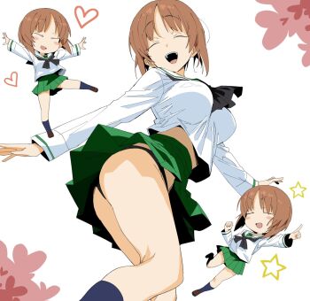 1girl :d ass breasts brown_hair chibi chibi_inset closed_eyes commentary_request girls_und_panzer girls_und_panzer_motto_love_love_sakusen_desu! heart henyaan_(oreizm) highres large_breasts multiple_persona nishizumi_miho open_mouth panties short_hair simple_background smile underwear upskirt white_background