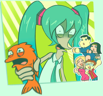 2girls alien american_dad! black_hair brother_and_sister fish francine_smith glasses hatsune_miku hayley_smith highres klaus_heisler multiple_girls necktie open_mouth parody phobilistic roger_smith siblings stan_smith steve_smith vocaloid