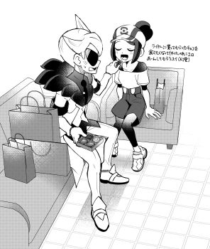 Rule 34 | 1boy, 1girl, absurdres, bag, bettie (pokemon), blush, box, box of chocolates, chair, chocolate, closed eyes, commentary request, couch, feeding, food, greyscale, hair bun, hat, highres, holding, holding box, holding chocolate, holding food, jacket, k lisl, lear (pokemon), long sleeves, looking at another, lower teeth only, monochrome, necktie, nintendo, on chair, on couch, open mouth, pants, pantyhose, pokemon, pokemon masters ex, shirt, short hair, short sleeves, shorts, sitting, sunglasses, sweatdrop, teeth