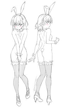 1girl :&lt; angry animal_ears arm_behind_back artist_name ass back blush bob_cut breasts bunny_girl c-string cleavage cuff_links detached_collar dual_persona embarrassed fake_animal_ears fishnet_thighhighs fishnets flower frilled_thighhighs frills from_behind full_body furrowed_brow greyscale hair_flower hair_ornament hairband hairclip hand_up high_heels highres hip_focus honeycomb_(pattern) isshi_pyuma looking_ahead looking_back looking_down misaka_mikoto monochrome necktie rabbit_ears rabbit_tail revealing_clothes short_hair short_necktie simple_background sketch small_breasts solo strapless_bottom tail thighhighs toaru_kagaku_no_railgun toaru_majutsu_no_index topless_female twitter_username v_arms white_background wrist_cuffs