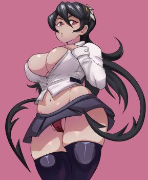1girl black_hair breasts cameltoe cleavage cowboy_shot filia_(skullgirls) from_below hand_on_own_chest highres large_breasts long_hair navel necktie panties parted_lips pink_background pleated_skirt red_eyes samson_(skullgirls) school_uniform shybred skirt skullgirls solo unbuttoned underwear upskirt