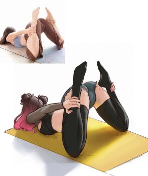 Rule 34 | ass, black thighhighs, bound puppy pose, breast press, breasts, brown hair, cameltoe, colored tips, commentary, cropped shirt, cutoffs, denim, denim shorts, double bun, english commentary, facing away, feet, feet up, from behind, grabbing own ankles, grabbing own leg, hair bun, hands on own legs, highres, holding own leg, large breasts, long hair, long sleeves, lying, multicolored hair, no shoes, original, pointed toes, real life insert, reference inset, short shorts, shorts, sketch, thighhighs, top-down bottom-up, two-tone hair, winrirysart, yoga, yoga mat