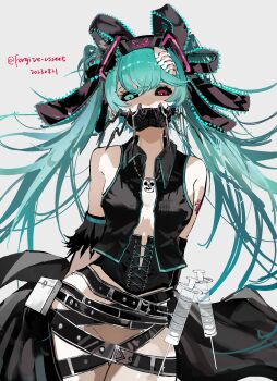 1girl absurdres android aqua_eyes aqua_hair artist_name belt belt_skirt black_sclera bow ca_(deino) calne_ca_(deino) chinese_commentary colored_sclera commentary_request corset cosplay cowboy_shot crustacean dated detached_sleeves hair_between_eyes hair_ribbon hatsune_miku hatsune_miku_(cosplay) heterochromia highres isopod jacket jewelry large_bow long_hair looking_at_viewer messy_hair nato-kun necklace no_pants open_clothes open_jacket original red_eyes ribbon simple_background skull_necklace solo syringe_holster tattoo twintails very_long_hair zhehua_zengyue