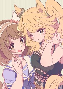 2girls animal_ears bare_shoulders bikini black_bikini blonde_hair blue_eyes blush bow bowtie braid breasts brown_eyes brown_hair collarbone crown_braid ear_covers ear_ornament gold_city_(boho_flare)_(umamusume) gold_city_(umamusume) hairband headband honkawa_works horse_ears horse_girl horse_tail long_hair multiple_girls official_alternate_costume official_alternate_hairstyle one_eye_closed open_mouth puffy_short_sleeves puffy_sleeves purple_bow purple_bowtie purple_shirt sailor_collar sailor_shirt school_uniform shirt short_hair short_sleeves smile swimsuit tail tracen_school_uniform umamusume white_sailor_collar yukino_bijin_(umamusume)