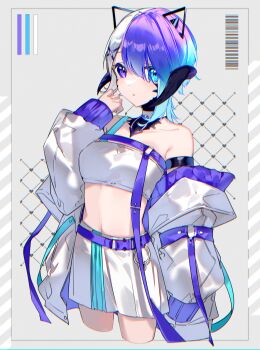 1girl absurdres au_ra bare_shoulders blue_eyes blue_hair breasts cropped_legs dragon_girl dragon_horns final_fantasy final_fantasy_xiv gradient_hair heterochromia highres horns jacket jacket_partially_removed looking_at_viewer midriff motsuni_(lxxe1120) multicolored_hair navel purple_eyes purple_hair scales short_hair skirt solo strapless tube_top warrior_of_light_(ff14) white_hair white_jacket white_skirt white_tube_top