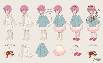 Rule 34 | 1girl, atoki, blue shirt, closed mouth, clothes on and off, collared shirt, commentary request, expressionless, frilled sleeves, frills, full body, grey background, hair ornament, hairband, heart, heart hair ornament, komeiji satori, long sleeves, medium skirt, multiple views, muted color, one eye closed, pink hair, pink skirt, pink slippers, progression, shirt, short hair, shorts, simple background, skirt, slippers, socks, standing, subterranean animism, tank top, third eye, touhou, translation request, undershirt, white shirt, white shorts, white socks, white tank top, zun pose