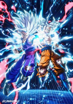 2boys aura blue_boots blue_sash boots clenched_hand dougi dragon_ball dragon_ball_super dragon_ball_super_super_hero electricity father-son_kamehameha father_and_son full_body gohan_beast grey_eyes grey_hair highres kamehameha_(dragon_ball) lightning limandao long_hair male_focus medium_hair multiple_boys muscular muscular_male open_mouth orange_pants pants purple_pants purple_shirt red_eyes red_sash sash serious shirt sleeveless sleeveless_shirt son_gohan son_goku spiked_hair teeth tongue topless_male torn_clothes torn_pants ultra_instinct