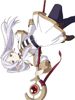 Rule 34 | 1girl, black pantyhose, boots, brown boots, capelet, closed mouth, commentary request, earrings, elf, foot out of frame, frieren, green eyes, grey hair, highres, holding, holding staff, jewelry, leg up, long hair, long sleeves, looking at viewer, mage staff, niyane, pantyhose, parted bangs, pointy ears, shirt, sideways, simple background, skirt, solo, sousou no frieren, staff, standing, standing on one leg, striped clothes, striped shirt, teardrop earrings, thick eyebrows, twintails, white background, white capelet, white shirt, white skirt