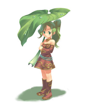 Rule 34 | 1girl, bare shoulders, boots, commentary request, dress, final fantasy, final fantasy vi, full body, green eyes, green hair, holding, holding leaf, leaf, leaf umbrella, long hair, long sleeves, parted lips, ponytail, red boots, red dress, revision, shadow, simple background, solo, tina branford, white background, yuccoshi