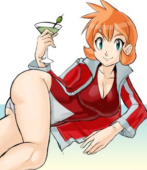 ass blue_eyes breasts cleavage cocktail_glass cup drinking_glass jacket jacket_over_swimsuit large_breasts looking_at_viewer lying misty_(pokemon) nintendo olive on_side one-piece_swimsuit pokemon pokemon_gsc red_hair short_hair swimsuit teevo