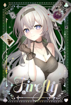 Rule 34 | 1girl, black dress, black hairband, black ribbon, breasts, card, character name, cleavage, closed mouth, club (shape), collarbone, commentary request, diamond (shape), dice, dress, feather boa, firefly (honkai: star rail), gloves, grey hair, hairband, heart, highres, holding, holding card, honkai: star rail, honkai (series), jewelry, long hair, neck ribbon, necklace, oguraponti, poker chip, purple eyes, ribbon, smile, solo, spade (shape)