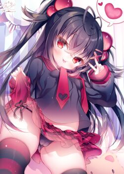 1girl antenna_hair artist_name black_hair black_panties black_shirt blush breasts cameltoe closed_mouth clothes_lift cowboy_shot crossed_bangs dithering fang fat_mons fiyu hair_between_eyes hair_ornament hand_up hashtag-only_commentary heart heart_print highres layered_skirt lifting_own_clothes loli long_bangs long_hair long_sleeves looking_at_viewer miniskirt mons_pubis neckerchief original panties plaid_clothes plaid_skirt print_neckerchief print_panties raised_inner_eyebrows red_eyes red_neckerchief red_sailor_collar red_skirt sailor_collar school_uniform serafuku shirt side-tie_panties skirt skirt_lift sleeves_past_wrists small_breasts solo speech_bubble sphere_hair_ornament spoken_heart standing striped_clothes striped_thighhighs thighhighs tongue tongue_out two_side_up underwear v very_long_hair
