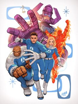 2girls 4boys ben_grimm blonde_hair blue_bodysuit bodysuit brown_hair david_nakayama facial_hair fantastic_four fire flying galactus gloves glowing glowing_eyes highres human_torch initial johnny_storm jumping long_hair looking_at_viewer marvel multicolored_bodysuit multiple_boys multiple_girls mustache pedro_pascal reed_richards running short_hair silver_surfer silver_surfer_(shalla-bal) sue_storm superhero_costume the_fantastic_four:_first_steps two-tone_bodysuit white_bodysuit white_gloves