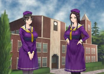 Rule 34 | 2girls, ass, blush, breasts, brown hair, commentary request, dokiyuri, dress, female focus, from below, green eyes, hair ornament, hairclip, holding hands, huge breasts, large breasts, long hair, multiple girls, original, pink lips, purple dress, curtains, sidelocks, source request, standing, sweatdrop, swept bangs, underboob, yellow neckwear