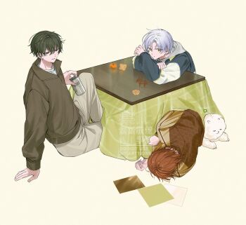 18trip 22kolink 3boys black_hair brown_shirt can dog facing_away grey_eyes hair_between_eyes highres holding holding_can hood hood_down hoodie kotatsu looking_at_another lying male_focus mole mole_under_eye multiple_boys multiple_moles murakumo_ten nishizono_renga oguro_kafka on_side parted_bangs red_hair shirt short_hair simple_background sitting table under_kotatsu under_table white_dog white_hair yellow_background yellow_eyes