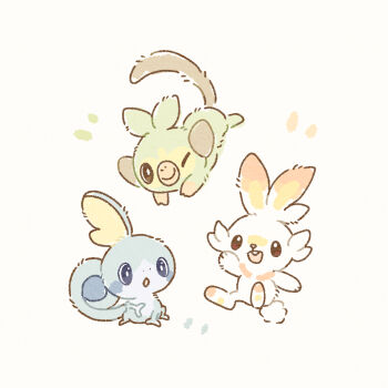 Rule 34 | :d, :o, ;), absurdres, blue eyes, bright pupils, brown eyes, commentary request, gen 8 pokemon, grookey, highres, mofucoffee, nintendo, no humans, notice lines, one eye closed, open mouth, pokemon, pokemon (creature), pokemon focus, red eyes, scorbunny, smile, sobble, twitter username, white pupils