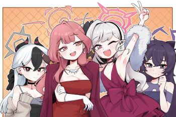 Rule 34 | 4girls, armpits, aru (blue archive), aru (dress) (blue archive), black choker, black dress, blue archive, breasts, choker, cleavage, commentary request, dress, earrings, gloves, halo, haruka (blue archive), haruka (dress) (blue archive), highres, jewelry, kayoko (blue archive), kayoko (dress) (blue archive), korean commentary, large breasts, looking at viewer, mago cats, multiple girls, mutsuki (blue archive), one eye closed, pointy ears, red dress, v, white gloves