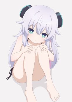 1girl alma-chan_wa_kazoku_ni_naritai alma_(alma-chan_wa_kazoku_ni_naritai) aqua_eyes bare_legs bare_shoulders barefoot bikini black_bikini blue_eyes closed_mouth collarbone feet grey_background grey_hair hair_between_eyes hands_on_own_knees knees_up legs loli long_hair looking_at_viewer moke_(moke_dayo) shadow side-tie_bikini_bottom simple_background sitting solo swimsuit toes white_background white_hair