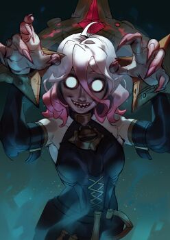 1girl :d absurdres ahoge bound bound_wrists breasts briar_(league_of_legends) colored_sclera fingernails grey_eyes grey_hair hair_between_eyes hands_up highres league_of_legends long_hair looking_at_viewer multicolored_hair nips_(ohnips) open_mouth pink_hair pink_nails pointy_ears sharp_teeth smile solo teeth two-tone_hair vampire