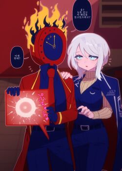 blue_pants blue_shirt blue_vest clock coat cowboy_shot dante_(limbus_company) dress_shirt faust_(project_moon) fertilization fire formal_clothes genderswap genderswap_(otf) highres implied_futanari impregnation korean_commentary korean_text lapels limbus_company necktie object_head ovum pants project_moon qb13_mono red_coat shirt sperm_cell translation_request vest x-ray yuri