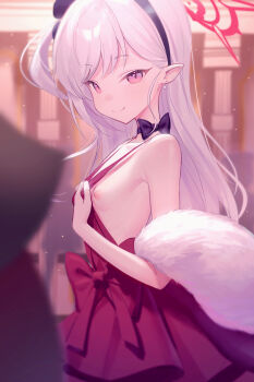 1girl absurdres bare_shoulders black_hairband blue_archive breasts dress dress_tug earrings from_side fur_shawl hairband halo highres jewelry krixxis4 long_hair looking_at_viewer mutsuki_(blue_archive) mutsuki_(dress)_(blue_archive) neck_ribbon nipples official_alternate_costume pearl_earrings pointy_ears red_dress red_eyes red_halo ribbon shawl sleeveless sleeveless_dress small_breasts smile solo white_fur white_hair
