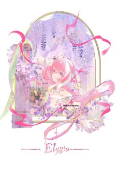 1girl absurdres aijiang013 bouquet character_name commission diamond-shaped_pupils diamond_(shape) elysia_(herrscher_of_human:_ego)_(honkai_impact) elysia_(honkai_impact) flower gloves highres holding holding_bouquet honkai_(series) honkai_impact_3rd long_hair pink_hair purple_eyes simple_background smile solo stone_pillar symbol-shaped_pupils upper_body veil very_long_hair white_background white_gloves white_veil