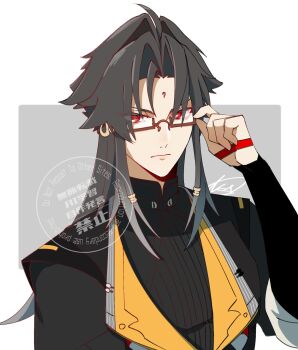 1boy adjusting_eyewear ahoge black_hair black_jacket border chinese_clothes commentary_request droopy_ears facial_mark forehead_mark glasses grey_background hair_intakes hand_up highres jacket long_hair looking_at_viewer male_focus no910_zzz parted_bangs red_eyes signature solo transformation upper_body white_border ye_shiyuan zenless_zone_zero