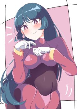 1girl absurdres bilingual_commentary blunt_bangs blush bodysuit bodysuit_under_clothes breasts closed_mouth commentary covered_navel cropped_jacket english_commentary gloves green_hair highres hime_cut jacket long_hair long_sleeves looking_at_viewer medium_breasts mixed-language_commentary nintendo pink_skirt pokemon pokemon_rgby red_eyes red_jacket red_skirt sabrina_(pokemon) skirt smile solo turtleneck turtleneck_jacket white_gloves yuki_nagisaa