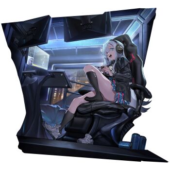 1girl black_jacket black_socks blue_skirt can chair city_lights controller game_cg gaming_chair girls'_frontline girls'_frontline_neural_cloud grey_hair hair_over_one_eye headphones highres holding holding_controller jacket kuro_(neural_cloud) livestream mdr_(girls'_frontline) monitor night official_art on_chair open_mouth playing_games ran_(bukeranwu) sitting skirt smile socks swivel_chair third-party_source transparent_background unworn_shoe window