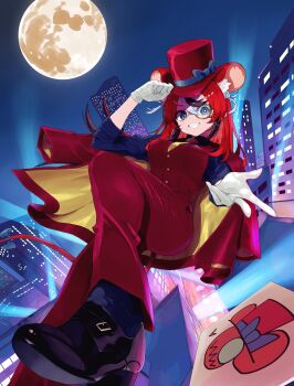 Rule 34 | 1girl, absurdres, alternate costume, animal ear fluff, animal ears, aqua eyes, black hair, black shirt, black shoes, black socks, blue bow, bow, breasts, building, buttons, city, commentary request, dice hair ornament, dirty manaty, formal clothes, full body, full moon, gloves, hair ornament, hair ribbon, hakos baelz, hand on headwear, hat, hat bow, highres, hololive, hololive english, jacket, jacket on shoulders, light rays, long hair, long sleeves, monocle, moon, mouse ears, mouse girl, mouse tail, multicolored hair, night, phantom thief, red hair, red hat, red jacket, red suit, red vest, ribbon, sharp teeth, shirt, shoe soles, shoes, sign, smile, socks, solo, suit, tail, teeth, top hat, vest, virtual youtuber, white gloves, white hair, white ribbon