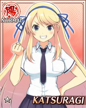 1girl :d blonde_hair blue_necktie blue_ribbon blue_skirt breasts clenched_hand clenched_teeth game_cg green_eyes hair_ribbon hand_on_own_hip hanzou_academy_school_uniform katsuragi_(senran_kagura) large_breasts long_hair necktie non-web_source official_alternate_costume official_art open_mouth ribbon school_uniform senran_kagura senran_kagura_new_wave shirt skirt smile solo teeth white_shirt yaegashi_nan