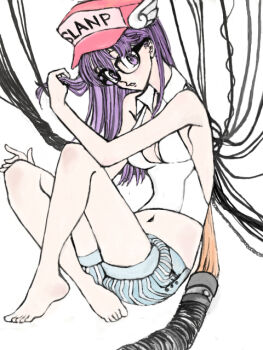 1girl adjusting_hair android bare_shoulders barefoot baseball_cap breasts cable chii chobits clamp cleavage clothes_writing crop_top crossover dr._slump feet female_focus glasses hat large_breasts legs long_hair marin_(ririkare) navel no_bra norimaki_arale parody purple_eyes purple_hair ruffling_hair shirt shorts sideboob sitting sleeveless sleeveless_shirt solo striped style_parody traditional_media winged_hat